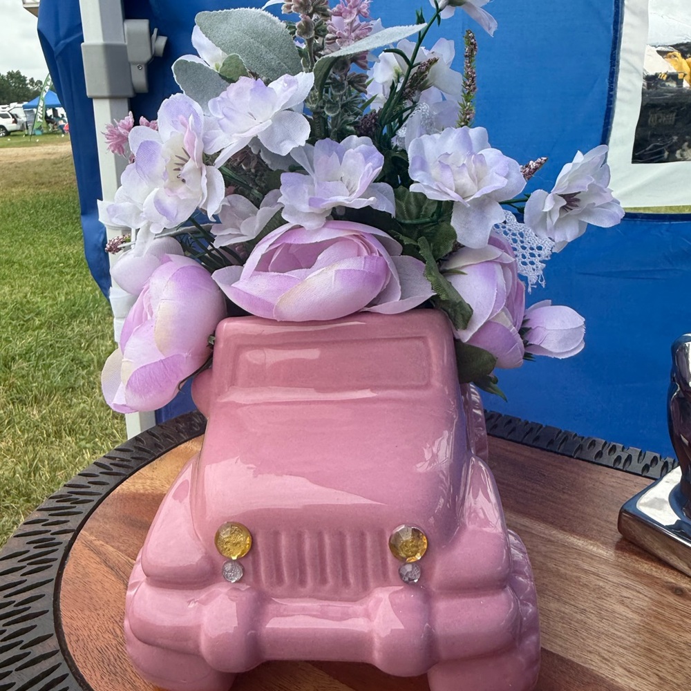 Pink Jeep Planter with Flowers
